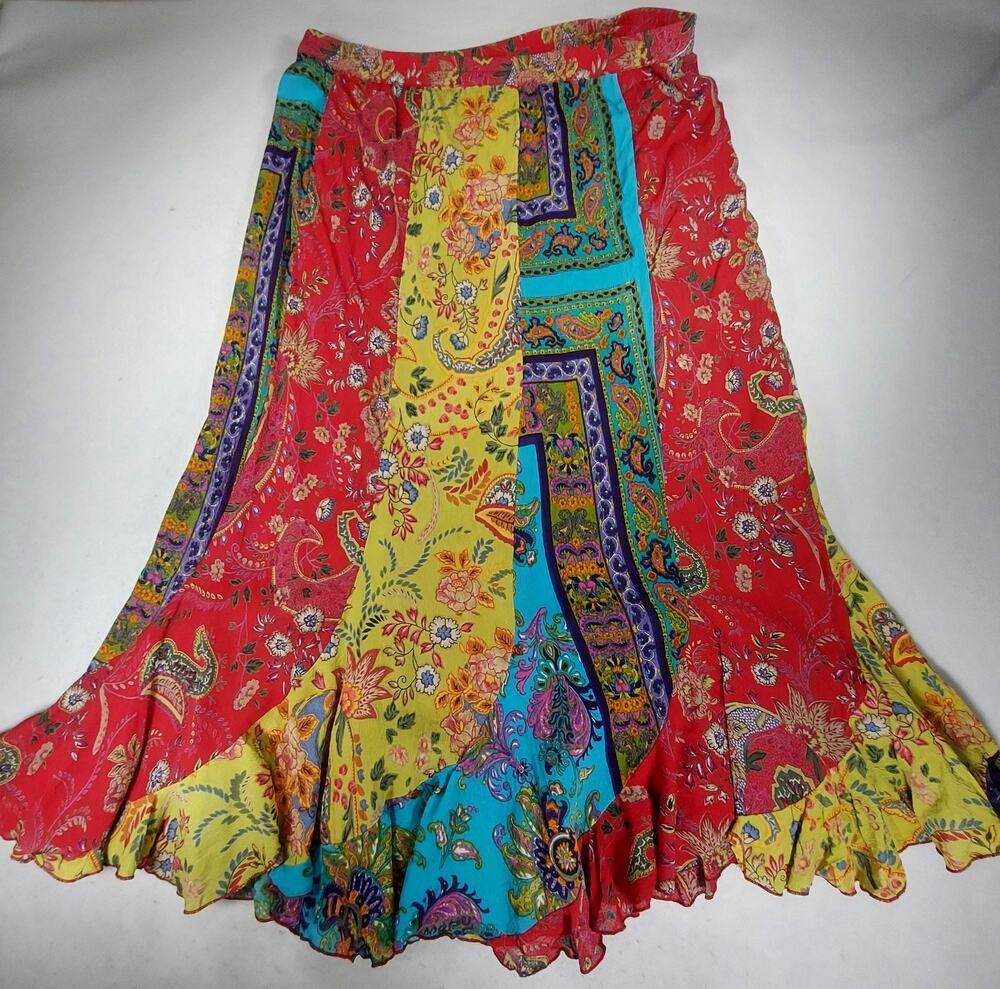 Vtg Requirements Patchwork Skirt Sz L Colorful Boho Hippie Floral Paisley Maxi